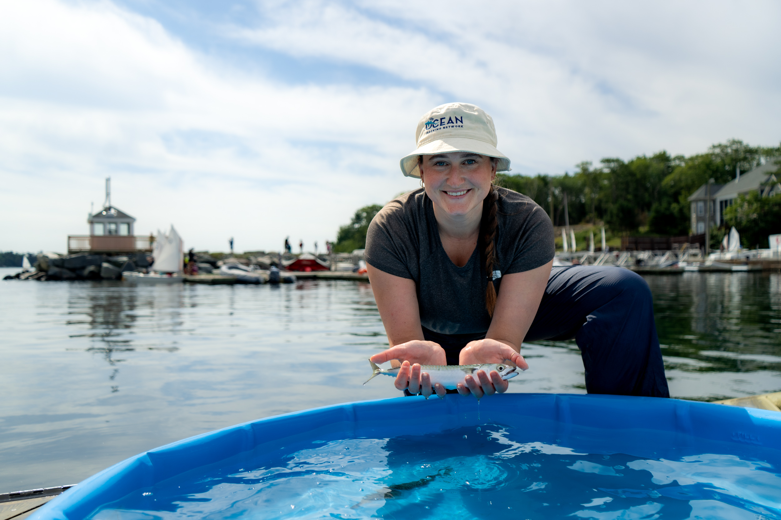 Morgan tagging a mackerel at a waterfront dock with an Ocean Tracking Network hat